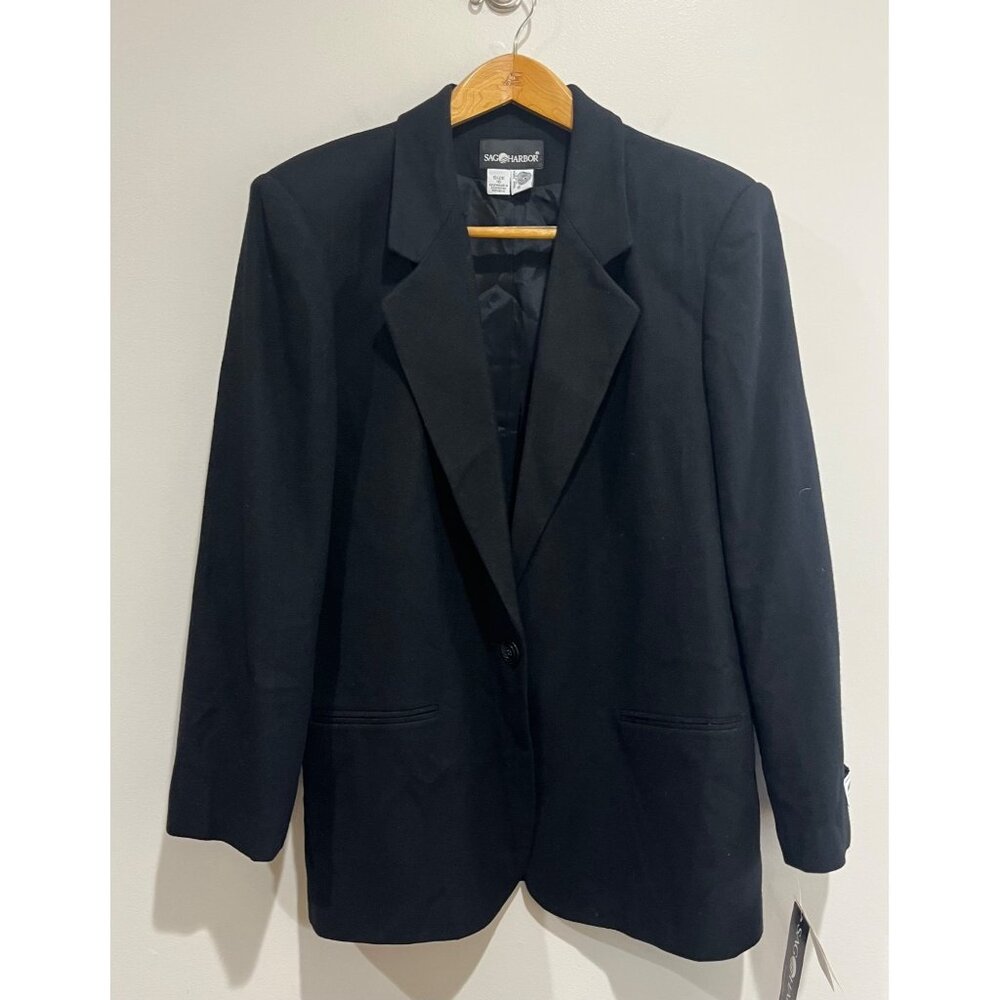 VTG Sag Harbor Wool Blazer Womens 16 Black 1 Button New